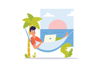 Obraz na płótnie Canvas Work from anywhere concept with people scene in the flat cartoon style. The programmer works online, so he can work from anywhere in the world, even on the beach. Vector illustration.
