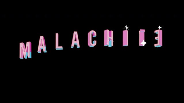 Bright letters jump merrily in the inscription MALACHITE Name of Gemstone. Retro. Alpha channel black. In-Out looped. Alpha BW at the end. Looped from frame 120 to 240, Alpha BW at the end