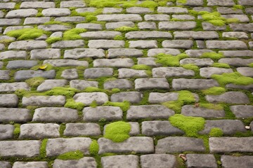 Cobblestoned pavement, green moss between brick background. Old stone pavement texture. Cobbles closeup with green grass in the seams. Stone paved walkway in old, Generative AI