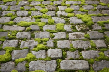 Cobblestoned pavement, green moss between brick background. Old stone pavement texture. Cobbles closeup with green grass in the seams. Stone paved walkway in old, Generative AI