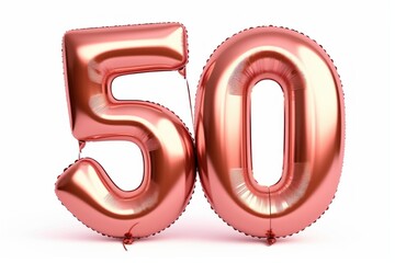 Number 50 fifty made of rose golden inflatable balloons isolated on white. Helium balloons, pink foil numbers. Party decoration, anniversary sign for holidays, celebration, birthday, Generative AI