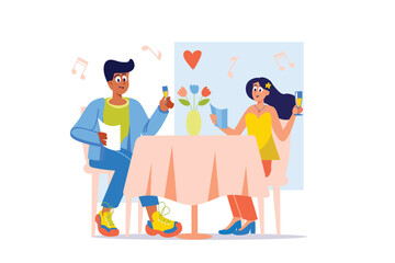 Concept date with people scene in the flat cartoon design. The guy invited his girlfriend on a romantic date in a restaurant. Vector illustration.