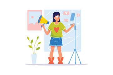 Blogging concept with people scene in the flat cartoon design. A young blogger makes content for her followers on social networks. Vector illustration.