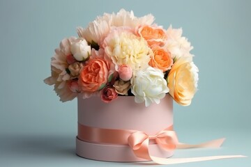 Flowers in round luxury present box. Bouquet of peonies and roses in paper box. Mock-up of hat box of flowers. Interior decoration in in pastel colors. Generative AI
