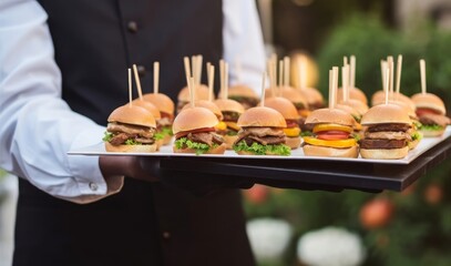 Catering service. Waiter carrying a tray of appetizers. Outdoor party with finger food, mini burgers, sliders, Generative AI