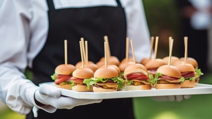 Catering service. Waiter carrying a tray of appetizers. Outdoor party with finger food, mini burgers, sliders, Generative AI