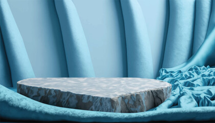 Broken stone podium decorated on light blue fabric texture luxurious background. Blank stage, platform or pedestal for display product vector illustration.