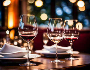 Glasses placed on restaurant table with table coordination setup and sparkling bokeh background