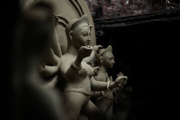 Making of goddess Durga idol. These idols are made for Durga puja, the biggest festival of Kolkata, West Bengal - obrazy, fototapety, plakaty