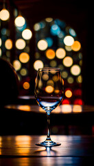 Glasses placed on restaurant table with table coordination setup and sparkling bokeh background