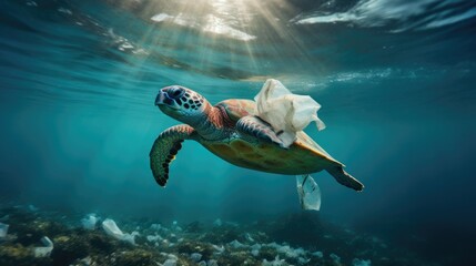 Fototapeta premium Turtles ingesting plastic bags, mistakenly thinking they are jellyfish. Plastic pollution in the ocean is a pressing environmental issue