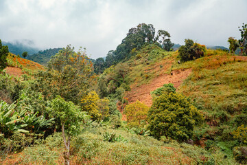 Panoramic mountain landscapes with houses and small scale agriculture farms on Uluguru Mountains, Tanzania