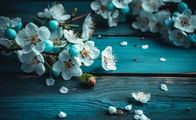 Spring Blossoms on a Blue Wooden Surface