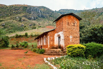 View of a Lutheran Church historical against a mountain background in Uluguru Mountains, Tanzania