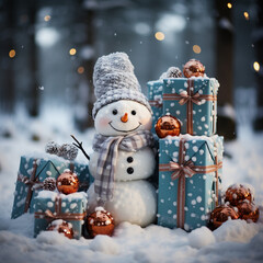 Christmas banner with gift boxes in the snow with a snowman, Generative AI