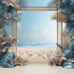 Fototapeta na wymiar Summer beach frame featuring blue skies, white sand, and a tropical holiday vibe.