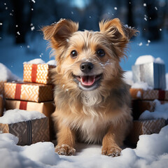 Happy dog with presents in the snow outside on New Year's Eve, Generative AI