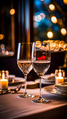 Glasses placed on restaurant table with table coordination setup and sparkling bokeh background