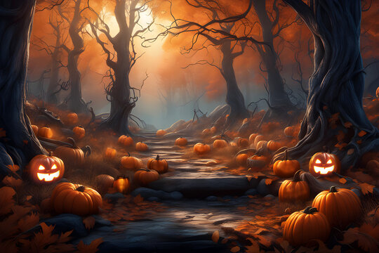 Halloween Hintergrund K&uuml;rbisse mit lachenden Gesichtern im dunkelen Wald
