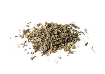 Green Tea Leaves Mix Isolated, Dry Fresh Herbal Tea Pile, Healthy Drink Ingredient, Green Tea Leaves on White