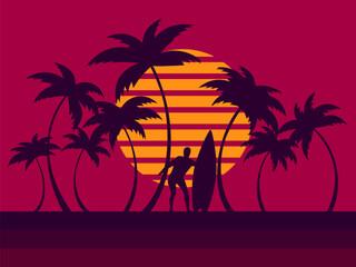 Surfer with a surfboard with palm trees at sunset in 80s style. Black silhouettes of palm trees with curved trunks and a surfer with a surfboard. Design for posters and banners. Vector illustration