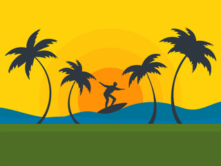 Fototapeta na wymiar Surfer on the waves against the backdrop of sunset. Tropical landscape with palm trees on the ocean, a surfer on a surfboard rides the waves at sunset. Tropical poster design. Vector illustration
