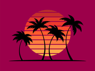 Fototapeta na wymiar Black silhouettes of palm trees at sunset. Tropical landscape with palm trees and retro sun in 80s style. Design for posters, banners and printing of promotional products. Vector illustration