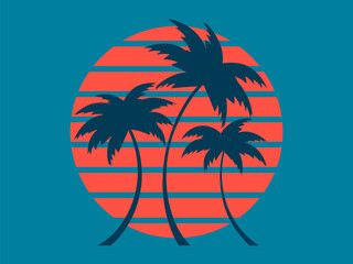 Tropical palm trees at sunset in a futuristic 80s style. Summer time, silhouettes of palm trees in synthwave and retrowave style. Design of advertising booklets and banners. vector illustration