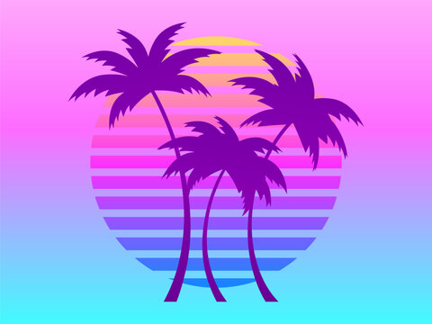 Palm trees on a sunset 80s retro sci-fi style. Gradient palm trees against a background of gradient sun. Futuristic sun retro wave. Design for brochure, banner and poster. Vector illustration