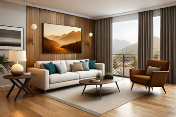 Home interior with boho ethnic decoration, living room in warm brown colors, 3d render