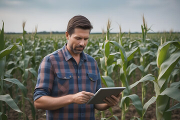 Naklejka na ściany i meble A modern farmer in a corn field using a digital tablet. Smart farming concept