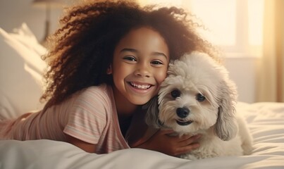 Happy Little girl with a dog - obrazy, fototapety, plakaty