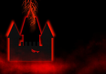 
Fun illustration of Halloween castle silhouette with rays and smiling mouth in black, orange, red color on a black background with space for text, smoky background with copy space.