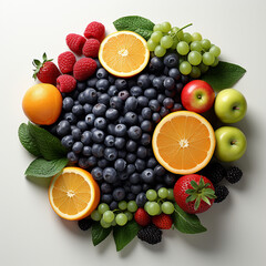 Top view of fresh fruits and berries on a white background, Generative AI