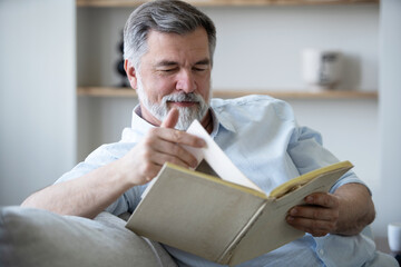 Senior Man Reading Book Sitting On Couch At Home. Retired Male Enjoying Reading New Novel Or Business Literature On Weekend