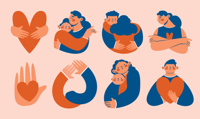 Abstract cute illustrations with friends, mother and child, lovers, persons are standing, hugging, posing together. Hand drawn cartoon characters. Togetherness, friendship, motherhood concept. 