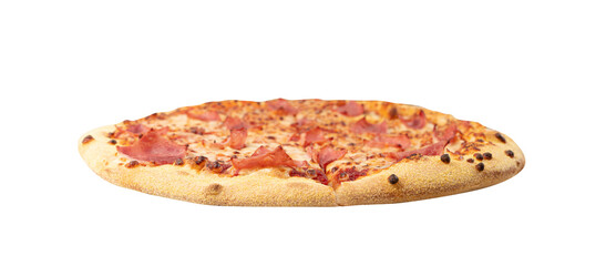 Italian Pizza Isolated, Ham Pizza with Mozzarella Cheese, Traditional Italian Flatbread Cut Out on White