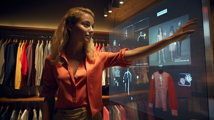Model engaging with a virtual shopping experience, selecting digital clothes to try on