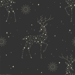 Fototapeta na wymiar Seamless pattern with cosmic deers. Design for card, fabric, print, greeting, cloth, poster, clothes, textile.