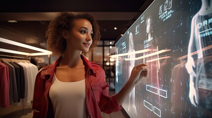 Model engaging with a virtual shopping experience, selecting digital clothes to try on
