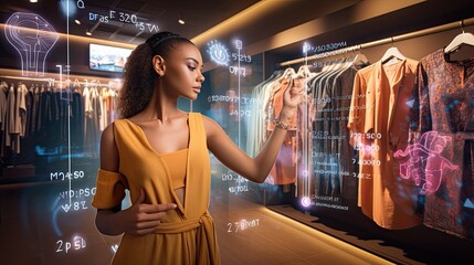Model engaging with a virtual shopping experience, selecting digital clothes to try on