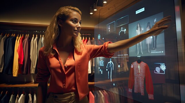 Model engaging with a virtual shopping experience, selecting digital clothes to try on
