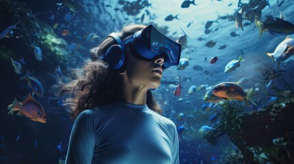 Naklejka na ściany i meble Model exploring a virtual museum through a VR headset, emphasizing her curiosity