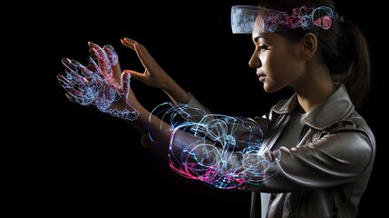 Model interacting with a digital interface projected in front of her using augmented reality gloves