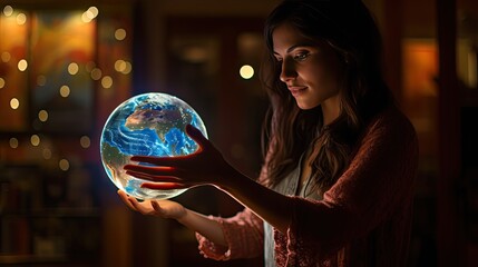 Model reaching out to touch a holographic globe spinning in front of her through AR glasses