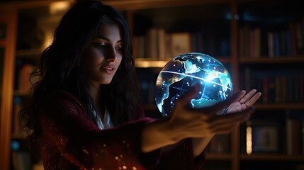 Model reaching out to touch a holographic globe spinning in front of her through AR glasses
