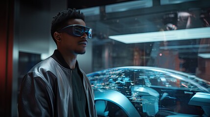Model wearing sleek AR glasses, interacting with a holographic 3D model of a car