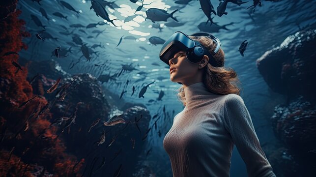 Model exploring a virtual museum through a VR headset, emphasizing her curiosity