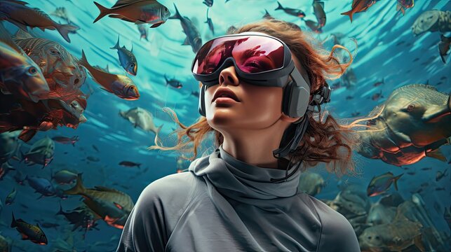 Model exploring a virtual museum through a VR headset, emphasizing her curiosity