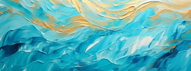Abstract acrylic oil paint ink painted waves painting texture colorful background banner - Blue turquoise gold color swirls waves